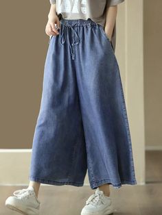 High Waisted Ninth Pants Drawstring Elasticity Pockets Wide Leg Jean Pants Cotton Dresses Summer, Wide Leg Denim Pants, High Waisted Wide Leg Jeans, Pants High Waisted, Jean Pants, Leisure Fashion, Denim Style, Polka Dress, Pleated Pants