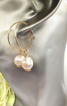 ⚜️14KT Gold Filled hoop & Pearl drop earrings ⚜️Here I have for sale a beautiful pair of 14KT Gold  filled earrings, with cultured freshwater potato pearls. ⚜️The hoops measure 25mm and the pearls are 10mm diameter, total length from top of hoop to bottom of pearl drop, measures 40mm. I have lightly hammered the Gold filled wire, to give them a lightly textured surface. ⚜️These are beautiful quality Cultured Freshwater Pearls with a natural textured surface and beautiful lustre, the perfect addi White Hoop Jewelry For Anniversary, Nickel-free White Hoop Earrings For Anniversary, White Wire Wrapped Hoop Earrings Gift, White Wire Wrapped Hoop Earrings As A Gift, Adjustable White Hoop Earrings For Anniversary, White Small Hoop Earrings For Anniversary, White Small Hoop Jewelry For Anniversary, Hoop Pearl Earrings With Ear Wire For Gift, Hoop Pearl Earrings With Ear Wire As Gift