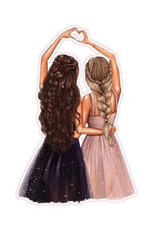 two girls with long hair are facing each other and making the shape of a heart