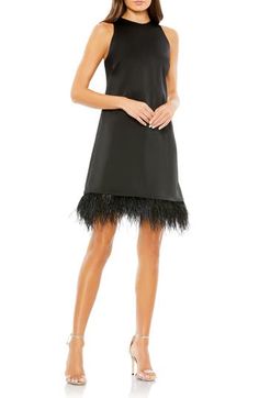 Feathers make everything more fun, which is why this silky-smooth cocktail dress may be the first step towards the best night ever. 36" length Crewneck Sleeveless Lined Asian Owned/Founded 100% polyester Spot clean Imported Short Wedding Guest Dresses, Ornate Dress, Vestidos Color Coral, Kobi Halperin, Semi Formal Dresses, Western Chic, Feather Trim, High Neck Sleeveless, Short Cocktail Dress