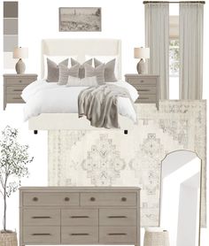 a bedroom is shown with neutrals and whites on the walls, bedding, pillows, lamps, rugs, dresser, mirror, and other items