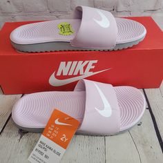 Nike Kawa Slide (Gs/Ps) Iced Lilac/White-Particle Grey - Children's Multiple Sizes. Items Are New In Box With Tags. Item: 819352 501 Purple Round Toe Slides For Spring, Pink Slip-resistant Sneakers For Summer, Casual Purple Slides For Spring, Casual Purple Slip-on Slides, Pink Nike Casual Slides, Casual Pink Nike Slides, White Slip-resistant Slides With Round Toe, Casual Purple Synthetic Slides, Nike White Non-slip Slides