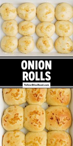 rolls in a white box with the words onion rolls on top and below it,