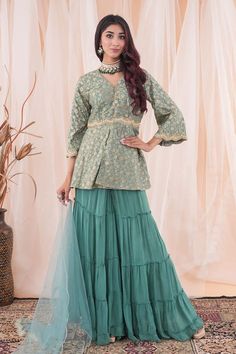 Aqua jade green peplum top with floral patterns, tasseled placket and placed pearl, cutdana, sequins and zari zardozi scalloped embroidery. Comes with tiered sharara and sequin spread dupatta. - Aza Fashions Top Sharara Set, Banarasi Brocade, Sharara Set, Fashion App, Jade Green, Floral Patterns, Top Pattern, Set For Women, Aza Fashion