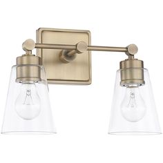 This 2 light Vanity Light from the Rory collection by Capital Lighting will enhance your home with a perfect mix of form and function. The features include a Aged Brass finish applied by experts.   Product Features Include: Brand: Capital Lighting  Collection: Rory  SKU: 121821AD-432  UPC: 841740119177  Category: Bathroom Vanity Light  Finish: Aged Brass  Glass: Clear  Material: Metal/Glass  Width: 14.00  in.  Height: 10.00  in.  Max Height: 10.00  in.  Extension/Depth: 7.25  in.  Backplate/Canopy Width: 5.00  in.  Backplate/Canopy Length: 5.00  in.  Backplate/Canopy Thickness: 1.00  in.  Height from Center of Wall Opening: 2.00  in.  Install Position: Socket Up or Down  Weight: 3.50  lb.  Warranty: 1 Year  Bulbs Included: No  Bulb Category: Incandescent  Primary Bulb(s): 2 x 100.00 watts Capital Lighting Fixture, Capital Lighting, Glass Vanity, Vanity Lights, Cool Floor Lamps, Light Vanity, Bath Bar, Bath Vanity Lighting, Brass Lighting