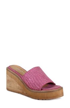 A shimmery woven strap adds a pop of color to a retro-chic sandal set on a stacked wedge heel. 3 1/4" heel; 1" platform Cushioned footbed Leather upper and lining/synthetic sole Imported Spring Open Toe Woven Leather Wedge Sandals, Summer Woven Leather Wedge Sandals With Round Toe, Synthetic Wedge Sandals With Woven Sole And Open Heel, Spring Woven Leather Sandals With Wedge Heel, Spring Woven Leather Wedge Sandals, Summer High Heel Woven Leather Sandals, Summer Woven Leather Wedge Sandals, Summer Woven Leather High Heel Sandals, Summer Wedge Sandals With Woven Leather