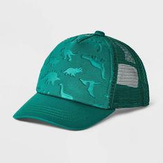 a green trucker hat with dinosaurs on it