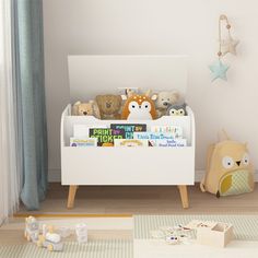 a white toy chest with stuffed animals and books on it in a child's room