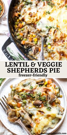 two pictures with different types of food in them and the words lentil & veggie shepherds pie freeze - friendly