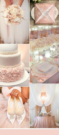 a collage of photos with pink and white wedding decorations, flowers, and bride's shoes