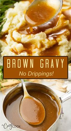 brown gravy is being spooned over mashed potatoes