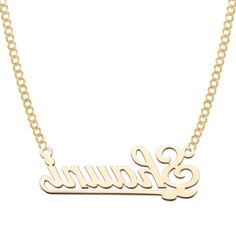 Here's a Shiny Script Name Necklace. From our Personalized Nameplate Necklaces Collection, this 14K Gold Ladies Shiny Script Name Plate Necklace features a Shiny finish. Product Details: Metal: Real Solid 14K Gold Weight: 20": 6.52 grams Length: Just under 1/2" = 12mm Width: 1 3/8" = 34mmChain Width: 3mmChain Length: SelectableThis item spends an estimated 2 weeks in production before shipping. Please place your custom orders accordingly with enough time to be made and shipped.Personalized items Cheap Women's Nameplate Necklaces, Cheap Nameplate Necklace For Party, Luxury Fine Jewelry Nameplate, Luxury Nameplate Fine Jewelry, Necklaces Collection, Name Plate Necklace, Nameplate Necklace, Plate Necklace, Name Plate