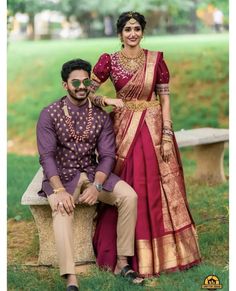 Matching Bride And Groom Wedding Outfits Indian, Traditional Reception Look, Couple Traditional Outfits Indian, Engagement Couple Outfits Indian, Reception Couple Dress Indian, South Indian Engagement Outfit, Engagement Outfits Indian Couple, Couple Dress Matching Indian, Indian Engagement Outfit