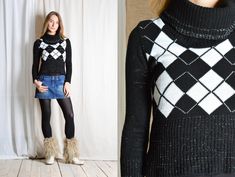 Vintage 90s Black White Silver Argyle Ribbed Knit Turtle Neck Sweater Marked size: 1 Estimated Size: XS Bust: 30 In (76 cm) Sweater length: 18.2 In (46 cm) Sleeve length: 20.9 In (53 cm) Shoulder to shoulder: 13 In (33 cm) Material: 95% acrylic 5% lycra The model in this pic is 170cm tall (Size S) 🥦 Do the best you can 🔑 Be sure to contact us with any questions :) Y2k Style Fitted Sweater, Vintage Black Fitted Sweater, Fitted Winter Tops With 90s Style, Fitted Long Sleeve 90s Sweater, 90s Style Black Sweater For Fall, 90s Black Sweater For Fall, 90s Style Black Winter Sweater, 90s Style Winter Knitted Tops, 90s Style Knitted Winter Sweater