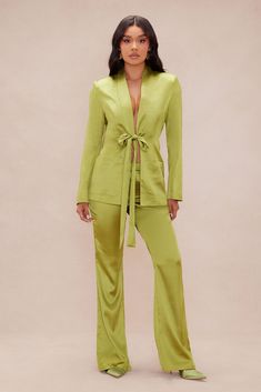 Available In Chartreuse. Satin Blazer Long Sleeve w/ Shoulder Pads Tie Waist Front Pockets Lined Satin Flare Pant Front Closure Stretch Shell: 95% Polyester 5% Spandex Lining: 92% Polyester 8% Spandex Imported | Verona Satin Blazer Suit Set in Chartreuse size Medium by Fashion Nova Chartreuse Fashion, Satin Blazer, Flare Pant, Blazer Set, Cargo Pant, Suit Set, Verona, Flare Pants, Shoulder Pads