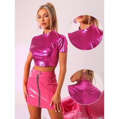 With its sleek and modern style, this short-sleeve crop top is the perfect addition to any outfit, making it instantly party-ready. Crafted with a mock neck, short sleeves, and a perfectly fitted bodice, this essential party top is sure to turn heads wherever you go. Whether you're heading to a club, night out, music festival, or any other occasion, this versatile piece can be dressed up or down to suit your style. Made from top-quality materials, this sparkle tee is not only stylish but also co Fitted Crew Neck Crop Top For Party, Stretch High Neck Crop Top For Party, Summer Party Crop Top With Short Sleeves, Trendy Short Sleeve Crop Top For Parties, Spring Party Crop Top With Crew Neck, Trendy Short Sleeve Crop Top For Club, Summer Party Crop Top With Crew Neck, Trendy Fitted Crop Top For Party Season, Trendy Stretch Crop Top For Party