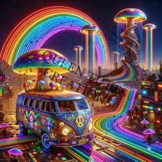 a vw bus driving down a rainbow lit road