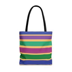 This canvas fabric tote bag features a beautiful gradient design of gem-toned stripes.  The decorative shoulder bag is washable and can be a book bag, a reusable grocery bag, or travel tote bag. Whether you love this shoulder bag for its functionality or its beauty, you will enjoy how it upgrades your day by allowing you to carry things with your hands free. You will likely receive compliments on this look, since it is so unique and attractive. Don't forget this as a gift any time of year, espec Multicolor Tote Bag With Striped Lining, Friend Birthday Present, Beautiful Gradient, Birthday Presents For Friends, Fabric Tote Bag, Colorful Tote Bags, Beach Tote Bag, Fabric Tote Bags, Travel Tote Bag