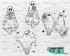 four ghost cliparts with flowers and pumpkins in their hands, on a brick wall