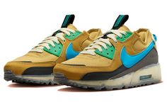 Nike Air Max Terrascape 90 'Wheat Gold Blue Lightning' DQ3987-700 (SNKR/Casual/Low Top/Non-Slip/Wear-resistant/Shock-absorbing) Nike Lifestyle Shoes, Nike Air Max 90 Terrascape, Air Max 90 Terrascape, Nike Air Max Terrascape 90, Nike Sb Shoes, Green Trainers, Nike Factory, Air Max 90s, Air Force Shoes