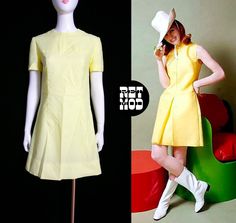 Cute Atomic Vintage 60s 70s Bright Light Pastel Yellow Scooter Dress Model photo is for ambience and vibes only. It is not the same dress. Please note that colors can vary from screen to screen, and in real life. Color is a very light, bright pastel yellow. Sorry about the wrinkles! I hate ironing ;) Fabric is a lightweight crepe-style and semi-sheer. Will need a slip. Very pretty! Shoulder 15.5" (laid flat) Bust 18.5" (laid flat) Waist 17" (laid flat)  Hip 18" (laid flat)  Length, Top to Bottom 35.5" Bottom Opening 22.5" (laid flat) Sleeve Length 7"  Sleeve Opening 6" (laid flat) Tag: none Condition: 2 Condition Scale:  1-Immaculate Vintage Condition (Rare) 2-Unnoticeable Vintage Wear or Spots that are unphotographable 3-Small Noticeable Vintage Wear or Spots, as photographed 4-A Lot of N Retro Dresses For Spring Retro-themed Events, Retro Summer Dresses For Retro-themed Events, Spring Retro Dresses For Retro-themed Events, Summer Retro Dresses For Retro-themed Events, Yellow Scooter, Scooter Dress, Life Color, Bright Pastels, Light Bright