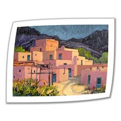 a painting of an adobe town in the mountains