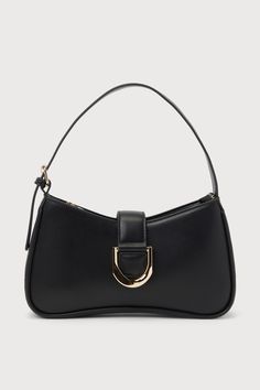 The Lulus Oh-So Chic Black Buckle Shoulder Bag was made for every girl-on-the-go! Smooth faux leather shapes this ultra-chic handbag with a structured design and an adjustable shoulder strap. A wide strap with an oversized buckle detail and a hidden magnetic closure lifts to reveal a zippered top that opens up to a lined interior with a sidewall pouch and zippered pocket. Gold hardware throughout creates an elevated look! Lined. Bag Measures 10. 5" Wide, 6" Tall, And 2" Deep. Adjustable Shoulder Double Handle Leather Baguette Bag With Metal Hardware, Formal Baguette Bag With Adjustable Strap And Top Handle, Formal Handheld Hobo Bag With Detachable Strap, Evening Flap Shoulder Bag With Metal Hardware, Evening Baguette Bag With Gold-tone Hardware, Evening Shoulder Bag With Metal Hardware And Double Handle, Everyday Double Handle Baguette Bag With Metal Hardware, Formal Baguette Bag With Adjustable Satchel Handle, Classic Handheld Hobo Bag With Detachable Strap