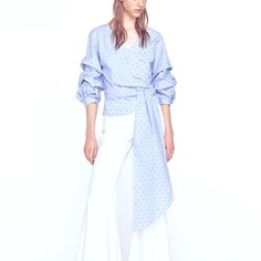 Love Pleats On Sleeves.. Fine Blue Striped Background With Dot Pattern...Wrap Style With Bow Very Dramatic And Sexy... Pair With Jeans Or Trousers Elegant Wrap Top For Brunch, Chic Wrap Top For Brunch, Chic Cotton Wrap Top For Spring, Fitted Long Sleeve Wrap Top For Brunch, Elegant Spring Wrap Top For Work, Elegant Spring Wrap Top, Chic Cotton Wrap Top, Cotton Long Sleeve Wrap Top For Summer, Chic Spring Wrap Top For Work