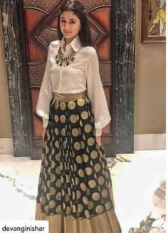 Golden Shirt With Skirt, Long Skirt And Blouse Indian, Long Skirt With Shirt Indian, Long Indian Skirt Outfits, White Shirt And Long Skirt Outfit, Long Skirt With Shirt Party Wear, Brocade Skirt With Shirt, Shirt Skirt Outfit Indian, Shirt With Lehenga Skirt