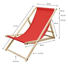 a red lawn chair with measurements for it