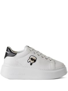 white leather smooth grain signature Ikonik Karl motif logo patch at the tongue contrasting branded heel counter logo at the sole round toe front lace-up fastening branded insole flatform sole Modern Lace-up Platform Sneakers With Logo, Low-top Sneakers With Logo Detail And White Sole, Low-top Sneakers With Logo And White Sole, Low-top Sneakers With White Sole And Logo Detail, Low-top Platform Sneakers With Logo For Streetwear, Low-top Platform Sneakers For Streetwear With Logo, White Low-top Platform Sneakers With Logo Detail, White Sporty Platform Sneakers With Logo, Modern Low-top Platform Sneakers With Logo