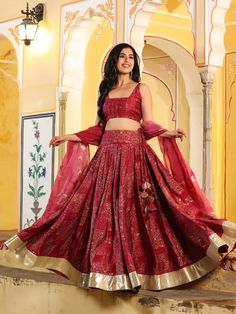 Red Chanderi Printed & Gota Embroidered Lehenga Set with Organza Dupatta Chanderi Lehenga, Flared Lehenga, Gota Embroidery, Chanderi Dupatta, Lehenga Fabric, Embroidery Detailing, Embroidered Lehenga, Organza Dupatta, Blouse Fabric