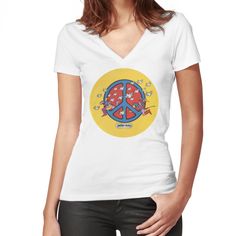 Flattering slim fit soft jersey t-shirt with v-neck. Solid colors are 100% cotton, heather colors are cotton blend. Range of colors available, with the option to print on front or back. Size range S-2XL. Peter Max cosmic era peace art Retro V-neck T-shirt For Summer, Hippie Fits, Hippie Women, Woodstock Music, Art Eras, Peter Max, Cosmic Art, Peace Art, Peace Sign