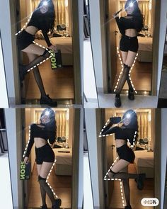 four different pictures of a woman in short shorts and high heels with lights on her legs