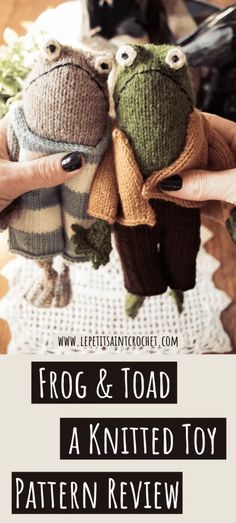 frog and toad knitted toy with text overlay reading frog & toad a knitted toy pattern review