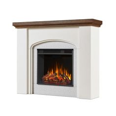 a white fireplace with flames on the side and brown trimmings, against a white background