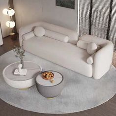 a modern living room with white furniture and rug