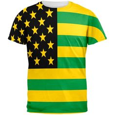 This Old Glory design is printed on a polyester, classic fitted, crew neck, short sleeve t-shirt. Featuring a Jamaican American flag design all over. The dye sublimation printing process creates slight imperfections that are unique to each garment.