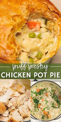 chicken pot pie with text overlay that says puff pastry chicken pot pie