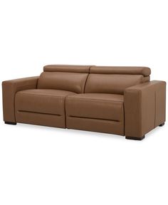 a brown leather couch with two recliners on the back and one arm facing forward