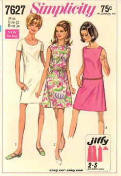 Simplicity 7627 JIFFY A-Line Dress w High or Low Round, or Square Neck Sz 12 CUT 60s Looks, 60s Look, Space Girl, 1960s Fashion, Fashion Pieces, For Today, Vintage Patterns, Easy Sewing, Square Neck