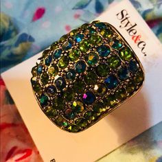 Style & Co Multi-Colored Dazzling Adjustable Ring New With Tag Trendy Green Rings For Party, Trendy Blue Ring For Parties, Trendy Blue Party Ring, Jewelry Style, Ring Color, Adjustable Ring, Womens Jewelry Rings, Adjustable Rings, Blue Gold