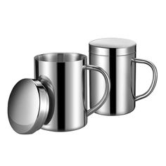 two stainless steel coffee mugs with lids