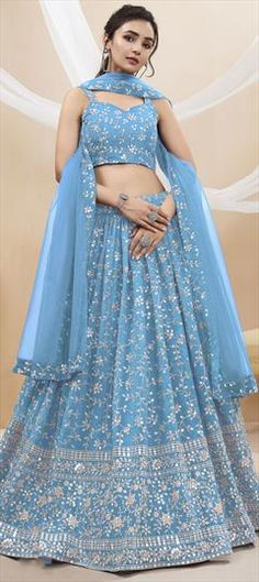 Blue color Lehenga in Georgette fabric with Embroidered, Sequence, Thread, Zari work Fitted Blue Embroidered Fabric For Reception, Fitted Floor-length Blue Embroidered Fabric, Blue Floor-length Lehenga For Wedding, Festive Floor-length Blue Embroidered Fabric, Festive Blue Floor-length Embroidered Fabric, Blue Embroidered Floor-length Fabric For Festive Occasions, Festive Blue Embroidered Floor-length Fabric, Blue Sharara With Intricate Embroidery For Wedding, Wedding Blue Sharara With Intricate Embroidery