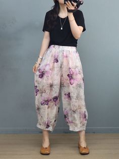 Style: Holiday Material: Ramie Pattern: Printed Length: Cropped Pants/Skirts Closure Type: Elastic Silhouette: Loose Gender: Female Season: Summer #ramie #purple #anklepants #summer Hawaii Style, Spiritual Encouragement, Comfy Pants, Straight Leg Trousers, Denim Overalls, Jeans Jumpsuit, Baggy Jeans, Ankle Pants, Cotton Pants