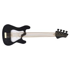 a black and white bass guitar on a white background