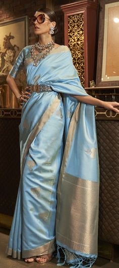 Blue color Saree in Art Silk, Silk fabric with Weaving work Sky Blue Saree, Kanjivaram Saree, Design Saree, Handloom Weaving, Designer Silk Sarees, Saree Silk, Ethnic Sarees, Blue Saree, Art Silk Sarees