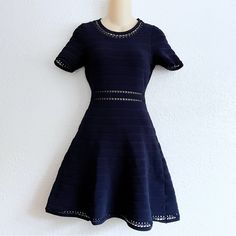 In Excellent Condition Sandro Dress. No Size Tag But Looks Like An Xs Or Small, Please See Measurements. Made Of Viscose, Nylon And Elastane, Thick And Stretchy. See Through Detailing On Collar, Midriff And Hems. Measurements (Without Stretching): 14" Underarm To Underarm, 23" Waist, 32" Length. No Trades. Open To Reasonable Offers. Happy Shopping! Fitted Mini Dress With Pointelle Knit, Blue Knit Party Dress, Fitted Pointelle Knit Dress With Short Sleeves, Blue Fitted Knit Mini Dress, Sandro Dress, Blue Texture, Aline Dress, Knit Short, Knit Shorts