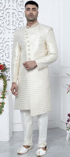 White and Off White color Sherwani in Art Silk fabric with Embroidered, Sequence, Thread work Thread Work, Off White Color, Silk Fabric, Party Wear, Colorful Art, Off White, Silk, White, Fabric