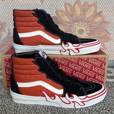 New In The Box Authentic Vans Men’s Sk8-Hi Flame Vn0005ujgwp Sneakers Red Fire Vans, Slip-on High-top Sneakers With Red Sole For Streetwear, Vans High-top Skate Shoes With Red Sole, Slip-on Skate Shoes With Red Sole For Streetwear, Vans Skate Shoes With Red Sole For Streetwear, Casual High-top Sneakers With Red Sole For Skateboarding, Casual Skate Shoes With Red Sole For Streetwear, Tie Dye Shoes, Vans Women